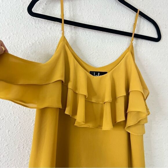 Lulus Ruffle Mini Chiffon Shift Dress Cold Shoulder Yellow Size Small - Picture 4 of 7